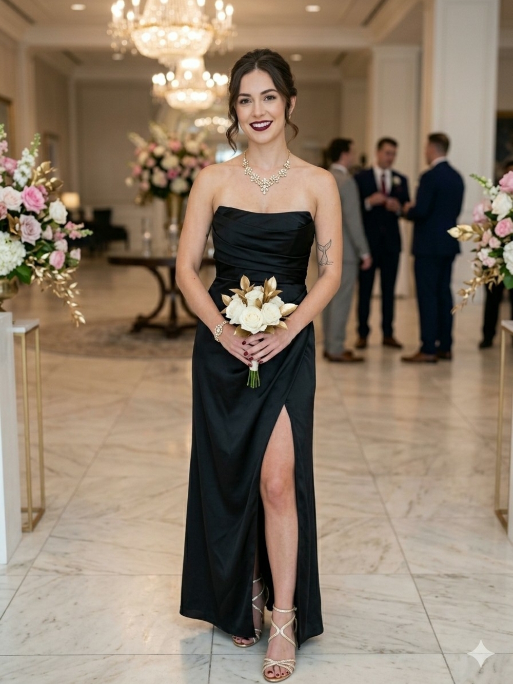 PETAL + PUP Adeline Black Strapless Ruched Pleated Satin Maxi Gown-  Small